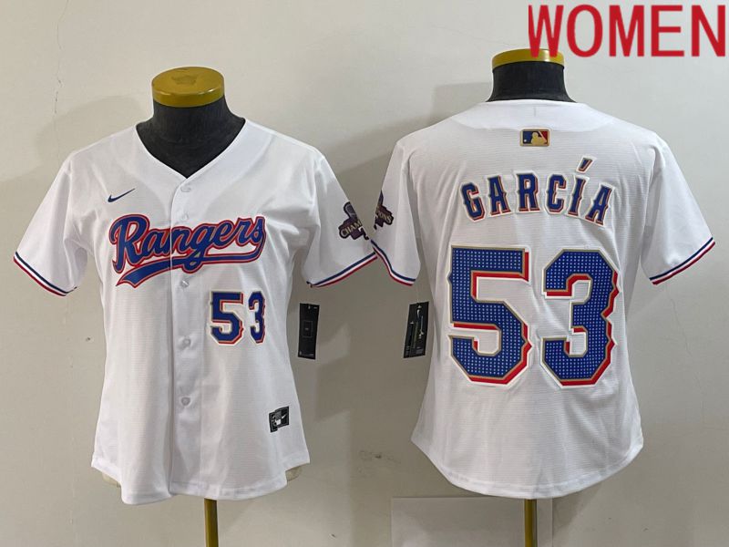 Women Texas Rangers 53 Garcia White Champion Game Nike 2024 MLB Jersey style 4